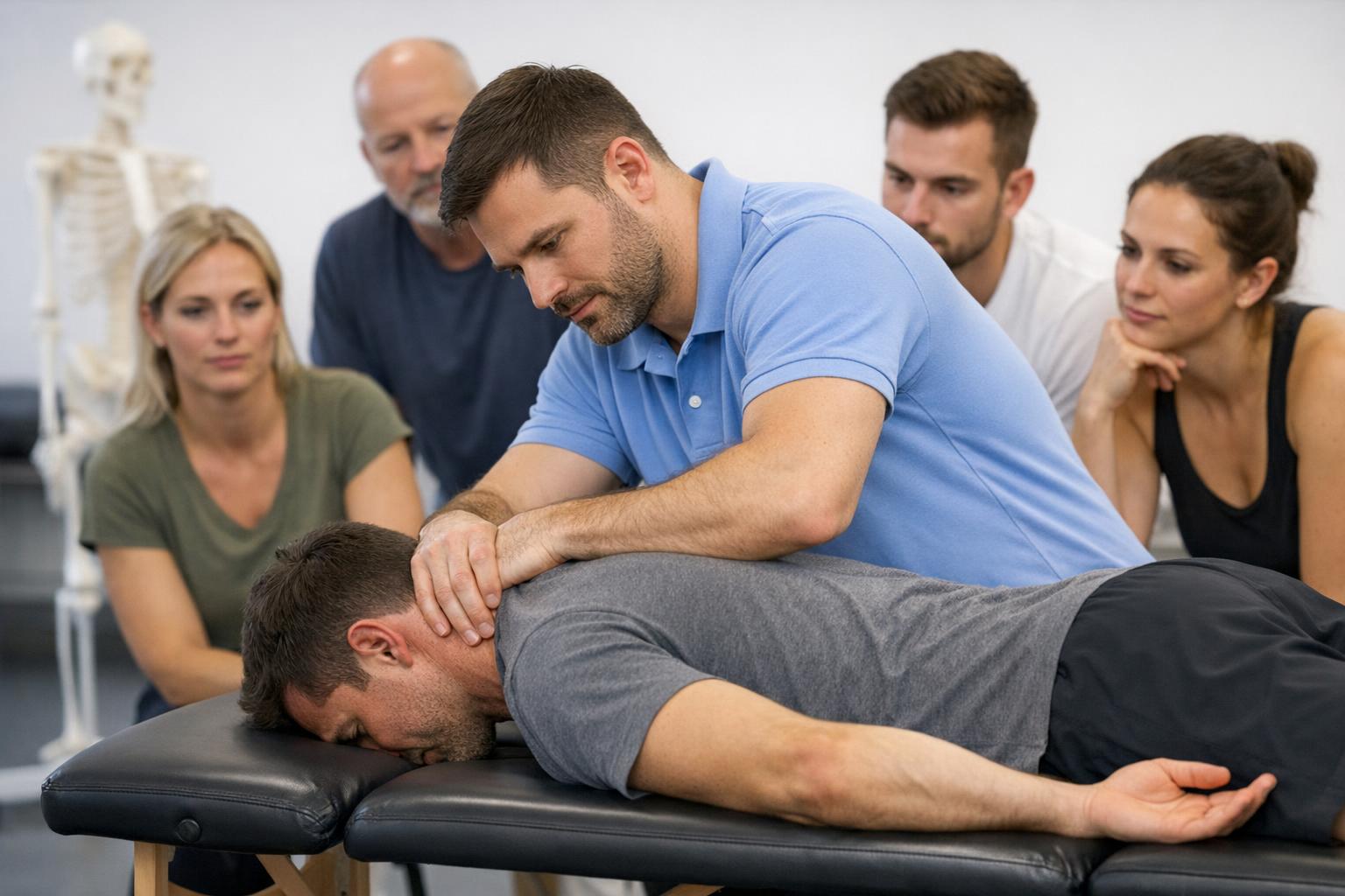 Fizjoterapeuta podczas praktycznego szkolenia z terapii manualnej