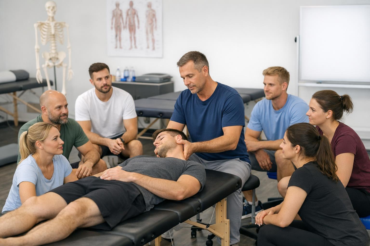 Grupa fizjoterapeutów na szkoleniu z terapii manualnej i kursu praktycznego