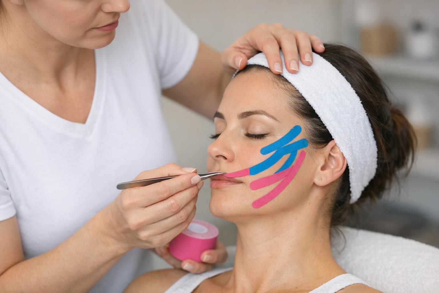 Zdjęcie: aplikacja taśm kinesiotaping na twarz - terapeuta wykonuje precyzyjne aplikacje