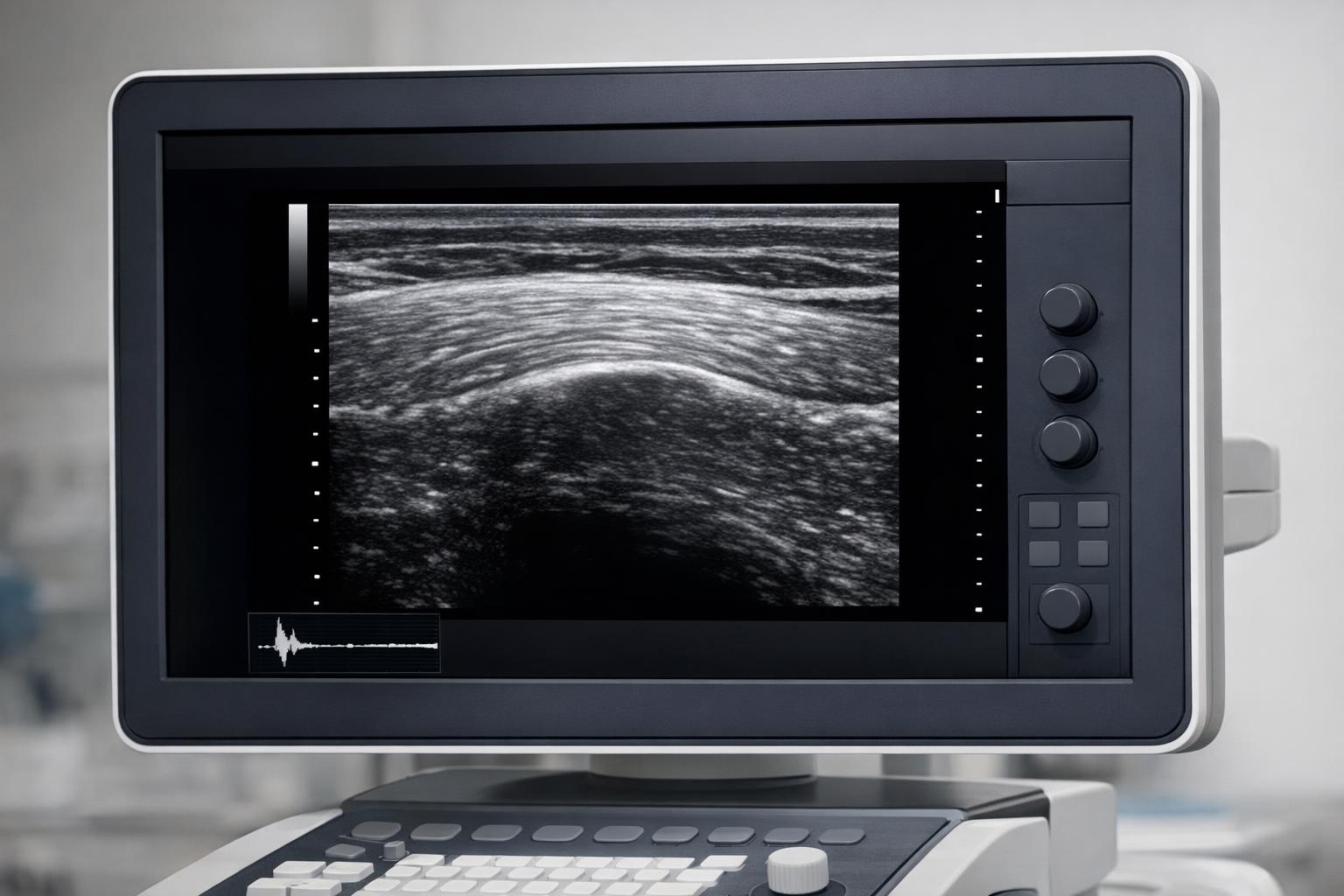 Zdjęcie: Monitor ultrasonograficzny z widoczną strukturą ścięgna