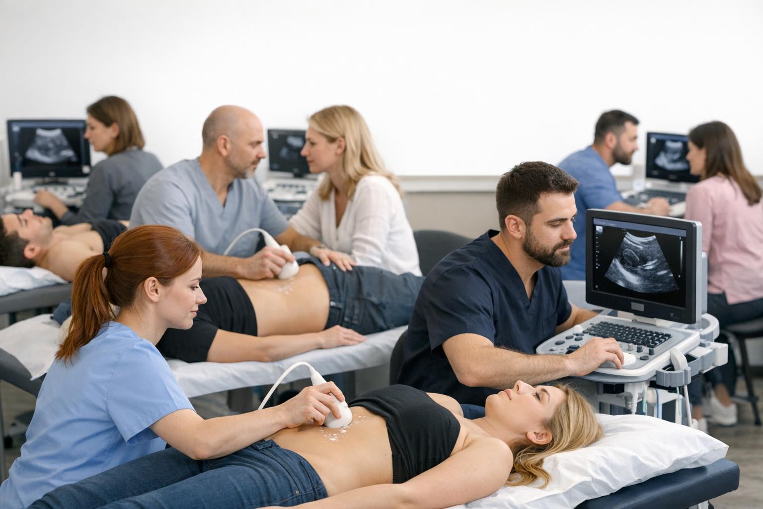 uczestnicy kursu USG pracujący na modelach podczas warsztatów