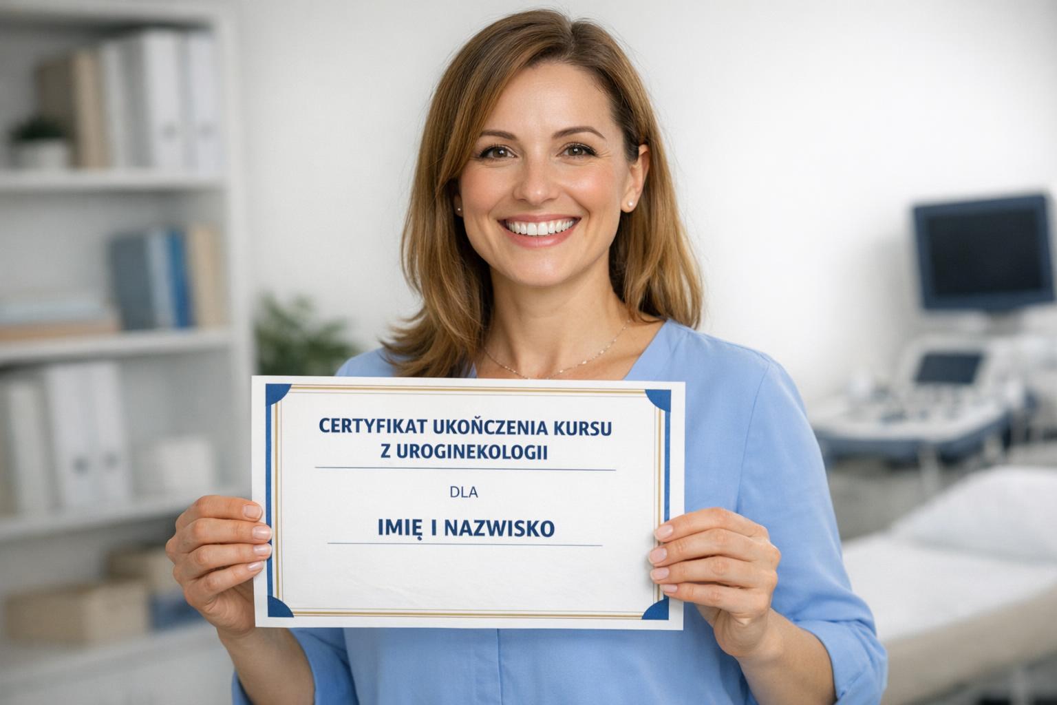 certyfikat ukończenia kursu z uroginekologii trzymany przez uśmiechniętą uczestniczkę