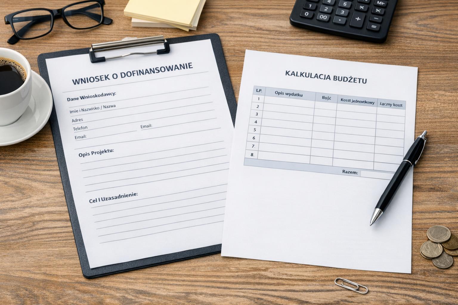 dokumenty, wniosek o dofinansowanie i kalkulacja budżetu